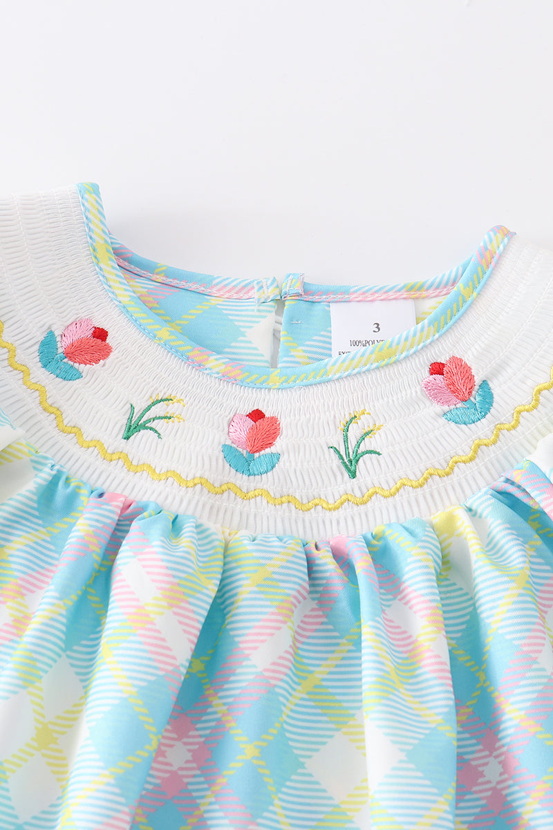 Plaid Floral Smocked Dress