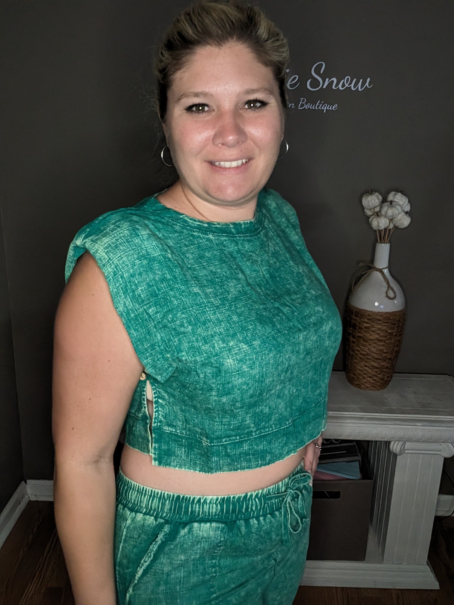 Green Acid Washed Linen Blend Crop