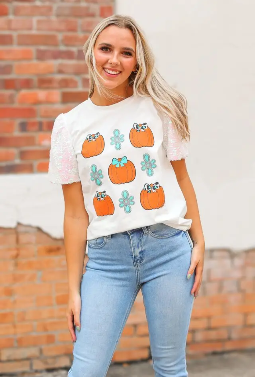 Sequin Sleeves Pumpkin Top
