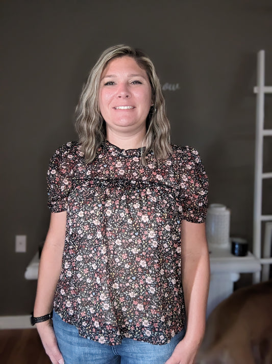 Sheer Floral Top Black