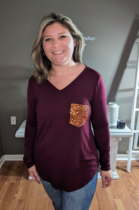 Burgundy/Gold Glitter Pocket T-shirt