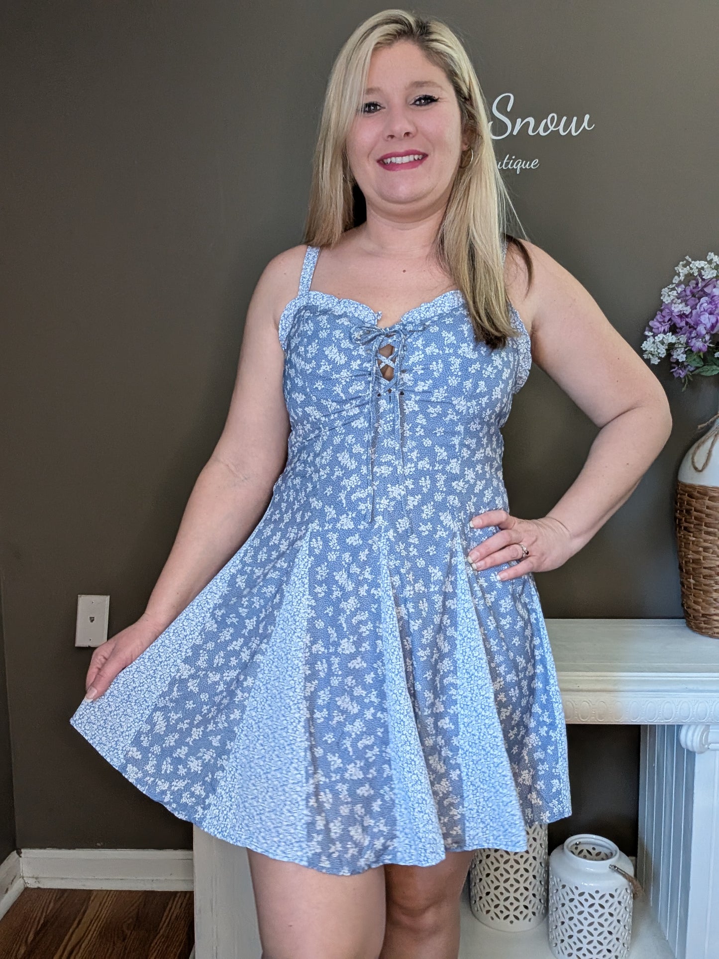 Blue Floral Dress With Corset Detail