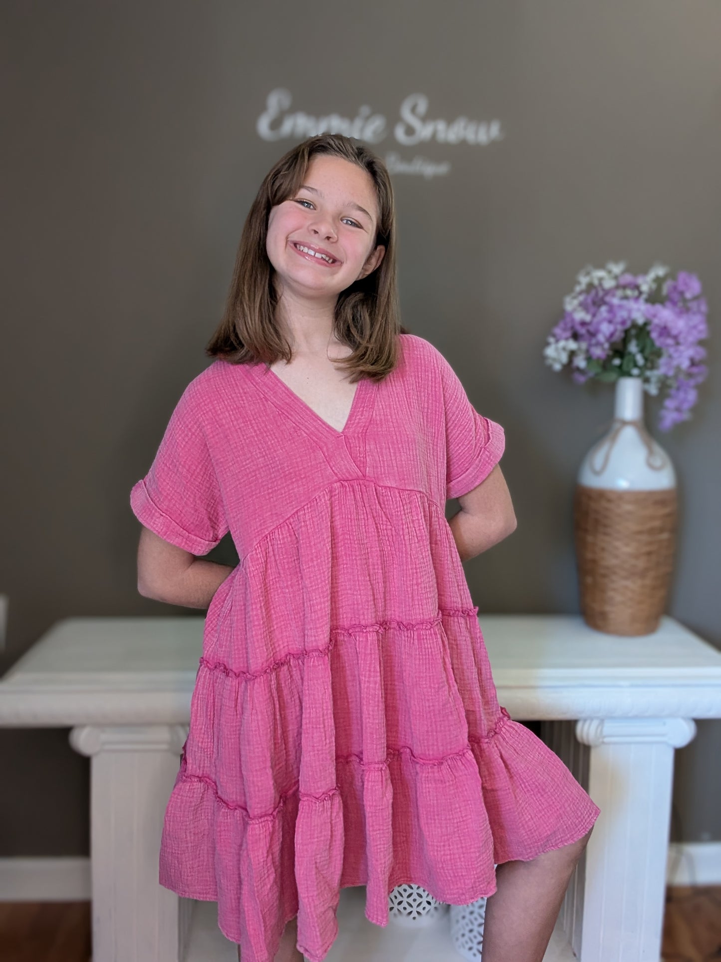 hot pink gauze dress Hot Pink Cotton Gauze Puffy Sleeve Dress
